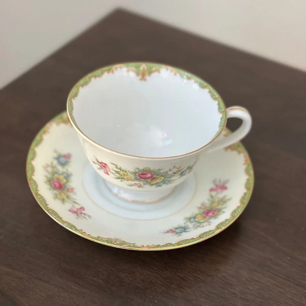 Sango China Cup Saucer Floral Green Gold Rim‎ Vintage Victorian Pattern